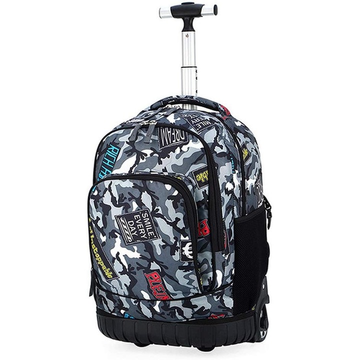 Ghiozdan troler multifunctional copii Giftry® – 2-in-1 rucsac cu roti silentioase, maner telescopic, impermeabil, 48 x 31 x 21 cm, ideal scoala si calatorii, Gri