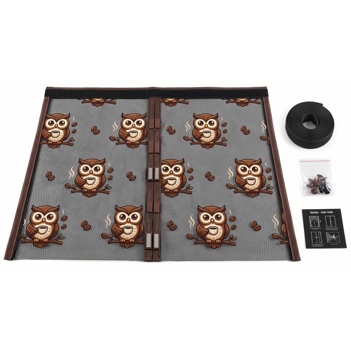 Moskitiera magnetica pentru usi, design cu bufnita, culoare cafea, dimensiuni personalizabile