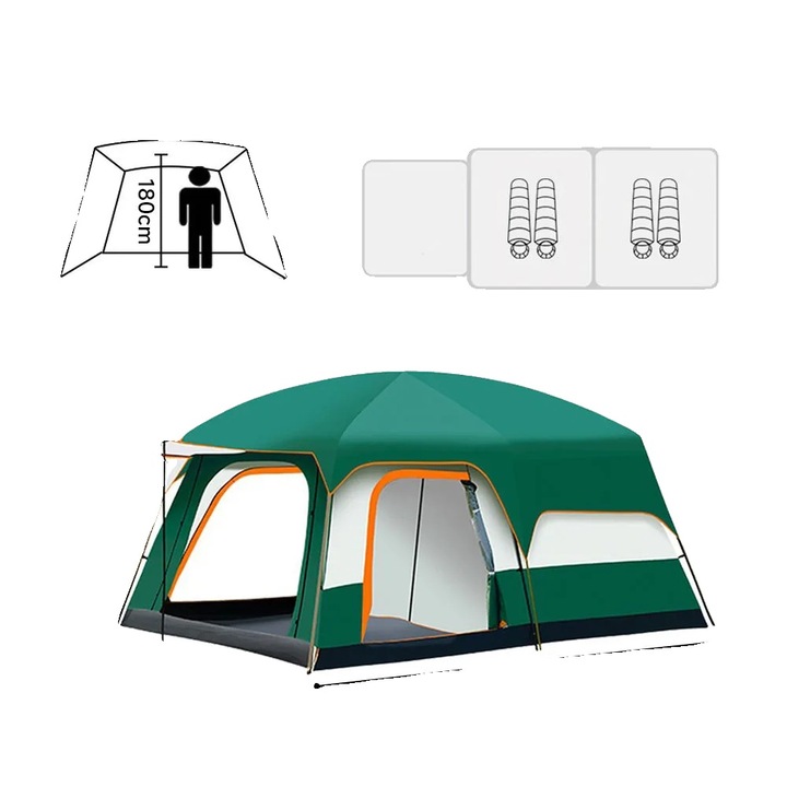 Cort camping, design tip dome, capacitate 3-4 persoane, impermeabil, verde