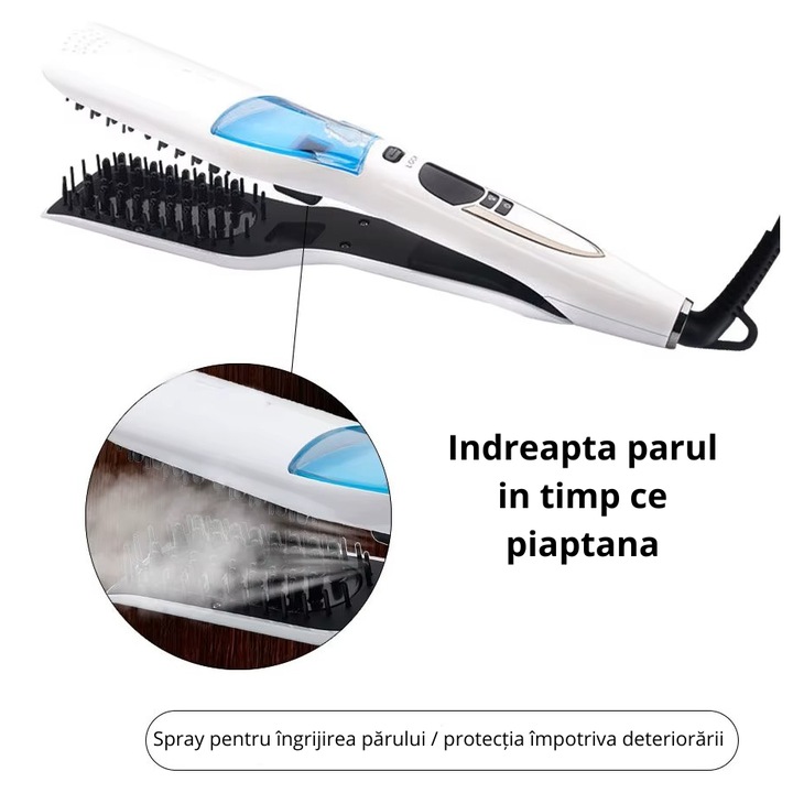 Perie electrica de indreptat parul cu abur, functie spray/abur hidratant, incalzire rapida, display LED, temperatura reglabila, Alb/Albastru, VIS®