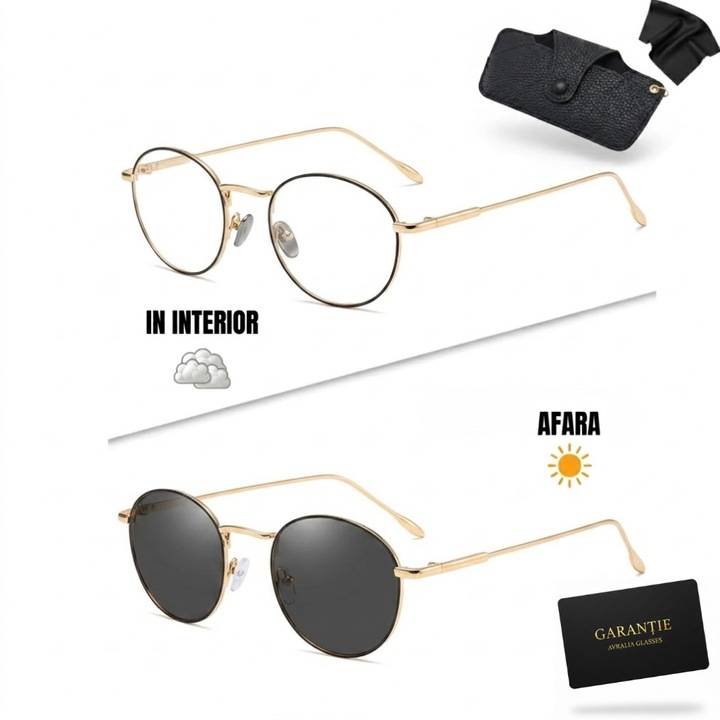 Ochelari Soare/Heliomati Dama, Polarizati UV400, Anti-Lumina Albastra, Rama Rotunda Metal Negru-Auriu, Toc Piele Inclus, Garantie 1 An - Avralia
