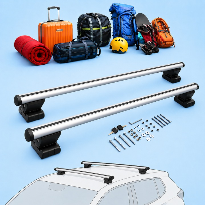 Set bare portbagaj aluminiu, compatibile FORD Focus II 2004-2011, AutoSSF®️ 009, 120 cm, profil aerodinamic, canal T, antifurt cu cheie, garnituri, sarcina 90 kg