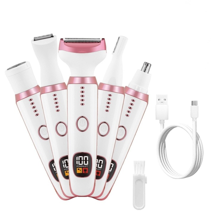 Set Epilator Multifunctional 5in1, Welsmar®, Aparat de ras umed si uscat potrivit pentru corp, fata, sprancene, nas, 5 Accesorii interschimbabile, Usor de utilizat, Afisaj digital, Alb/Roz