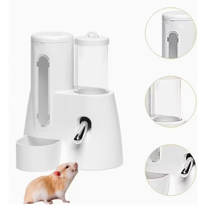 Hranitor si adapator 2 in 1, automat, 80 ml, pentru hamsteri, pentru iepuri, constructie etansa, usor de curatat, etansare dubla, reduce murdaria din cusca, acces constant la apa