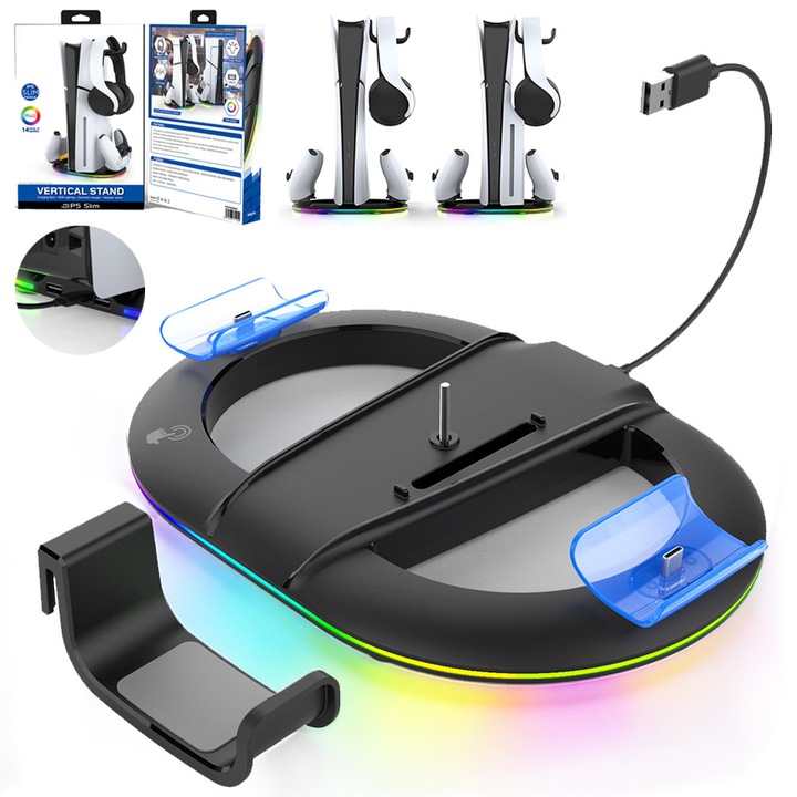 Stand vertical 5 in 1 multifunctional PS5 / PS5 Slim, DONFANLIA®, cu Statie de incarcare dual pentru 2 controllere, Incarcare Rapida, lumina RGB, pentru Play Station 5 & Play Station 5 Slim, Negru