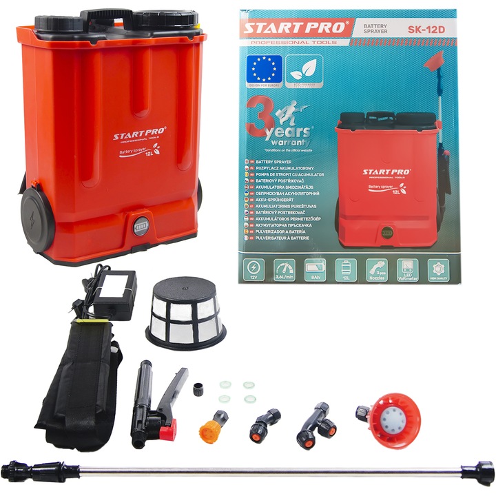 Pompa de stropit electrica, StartPro SK-12D, 5,5 Bar 12L, acumulator, regulator presiune, 4 duze incluse
