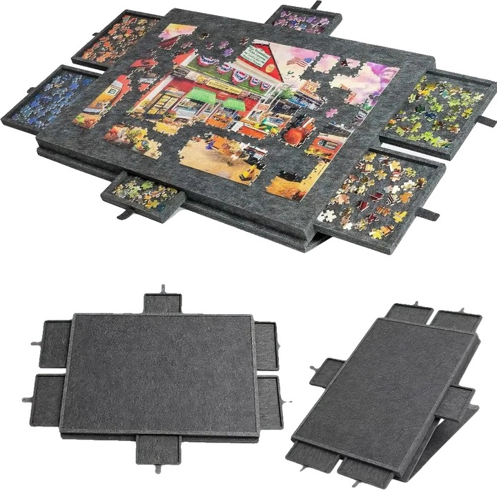 Puzzle tábla, dönthető és hordozható állvány 6 rendező fiókkal, poliészter filc, szürke, 77x53.6 cm, 1000 darabos puzzle-höz