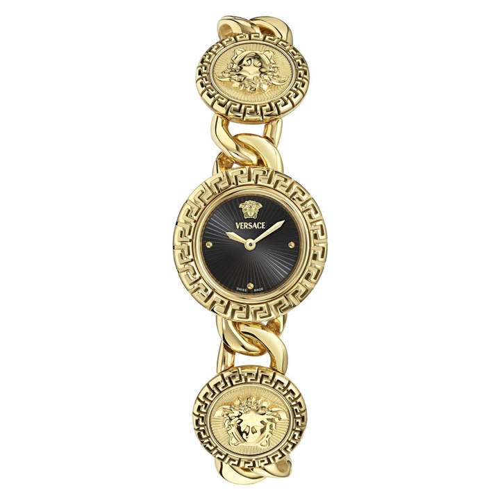 Ceas dama Versace VE0Q00525, bratara din otel inoxidabil, cadran negru, galben, 28x7mm