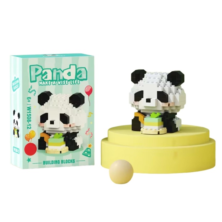 Set de Constructie, Flippy, Model Panda cu Tort, 159 Piese, Model 3D, Jucarie Educativa STEM, +6 Ani, Plastic ABS, 7.8 x 4.1 x 11.3 cm, Albastru Pastel