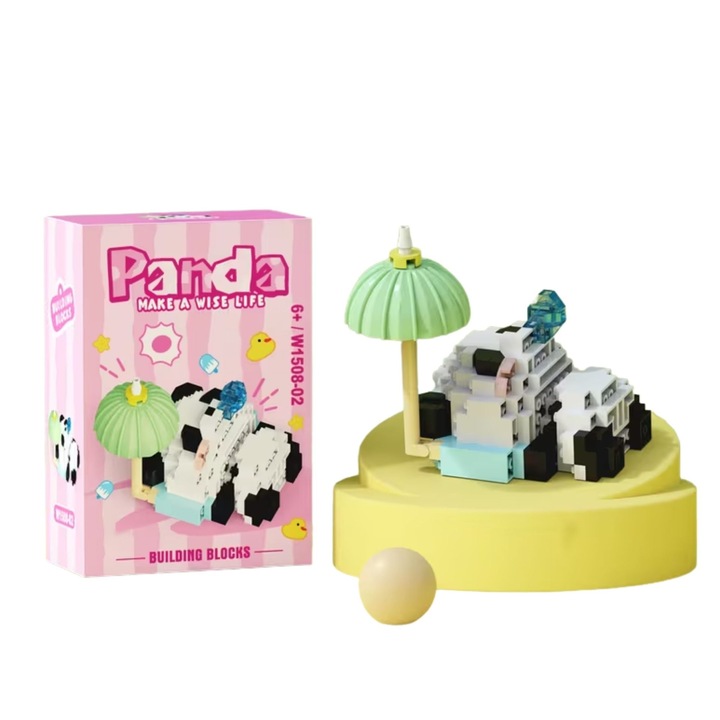 Set de Constructie, Flippy, Model Panda cu Umbrela, 153 Piese, Model 3D, Jucarie Educativa STEM, +6 Ani, Plastic ABS, 7.8 x 4.1 x 11.3 cm, Roz