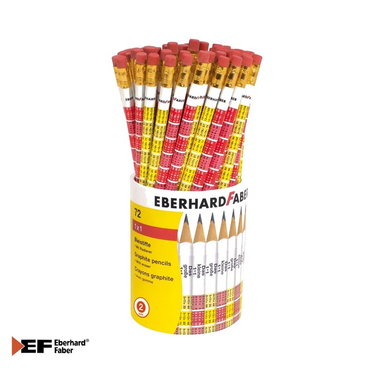 Set 72 creioane grafit B cu guma Eberhard Faber, tabla inmultirii, mina 2mm, display transparent