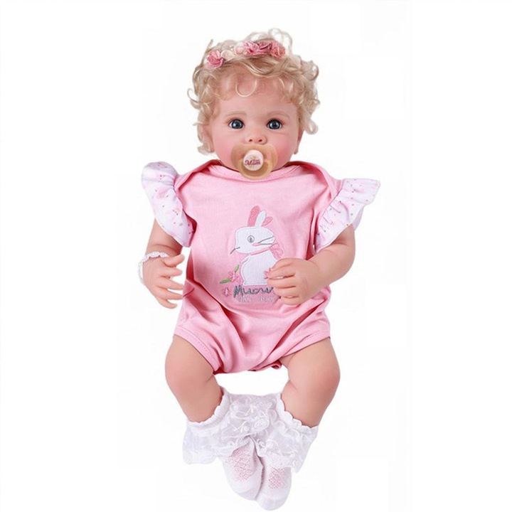 Papusa Reborn, Fomaxiy, 45cm, silicon, roz, articulatii flexibile, set cu accesorii
