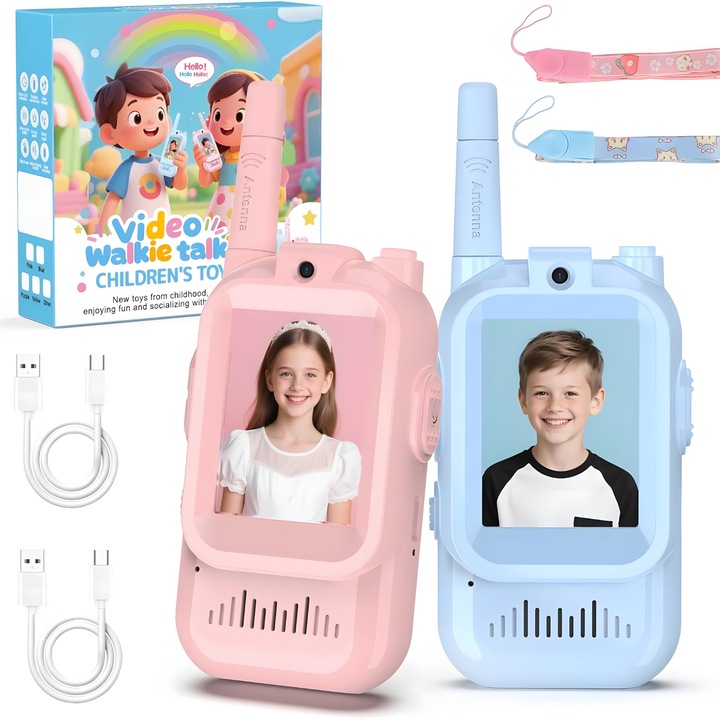 Walkie Talkie Video pentru Copii Nerele, Set 2 Statii cu Apel Video HD, Raza de pana la 300m, Camera Foto 3MP, Ecran 2.0 Inch IPS, Schimbare Voce, Mesaje, Galerie Foto, Baterie 650mAh, USB Type-C, Cadou Ideal 3+ Ani, Roz + Albastru