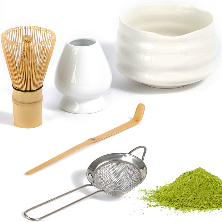 Set 5 Piese de ceai Matcha - Bat Bambus pentru Mixat, Bol Ceramic, Suport Ceramic, Lingurita, Sita Inox - Kit Complet pentru Ceai Matcha. Natural, DIY, pentru a face matcha. Un cadou perfect pentru iubitorii de ceai