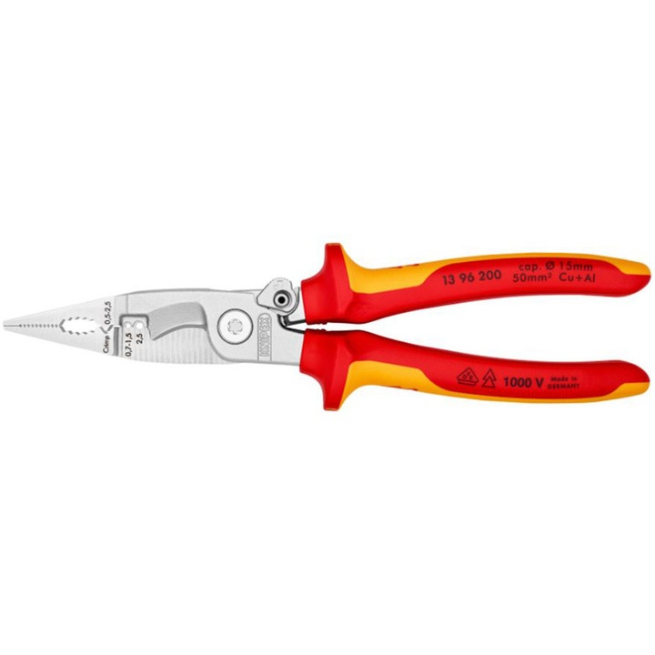 Knipex 13 96 200 szerelőfogó, 6 az 1-ben, Lapos és kerekített anyagok megfogására, hajlításra, sorjázásra, vágásra, kábelcsupaszításra és érvéghüvelyek krimpelésére