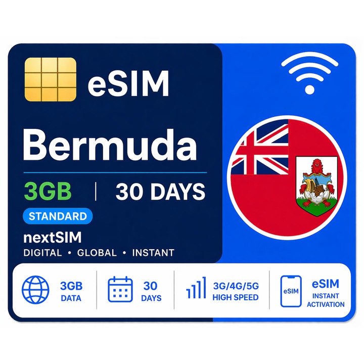 Cartela Prepaid NextSIM eSIM Bermuda, 3GB Internet Mobil 30 Zile, Activare Instanta, 3G/4G/5G, Fara Contract