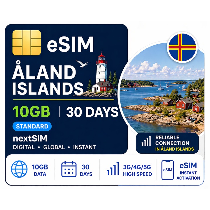 Cartela Prepaid NextSIM eSIM Insulele Åland, 10GB Internet Mobil 30 Zile, Activare Instanta, 3G/4G/5G, Fara Contract