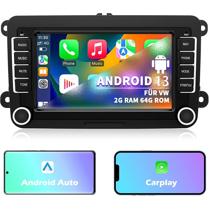 Navigatie Android 13 cu Carplay, Duueyct, Android Auto,7 inch Ultra HD,4GB RAM, 64GB ROM, GPS, Bluetooth 5.0, Octa Core 2GHz, WiFi, USB, Compatibila VW/Skoda/Seat