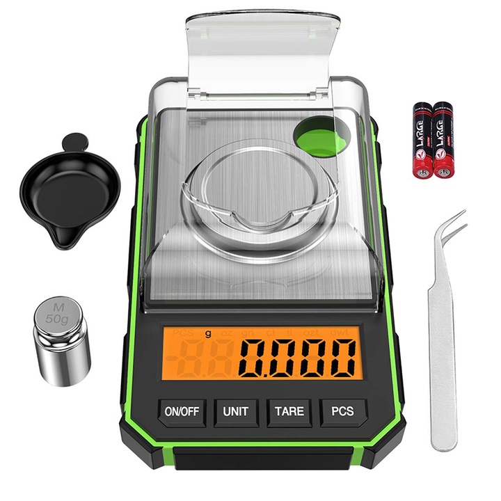 Cantar de precizie Rqiurpn 50 g, 0,001 g, digital, multifunctional, negru-portocaliu, cu afisaj LCD, set cu 2 baterii AAA si greutate de calibrare 50 g