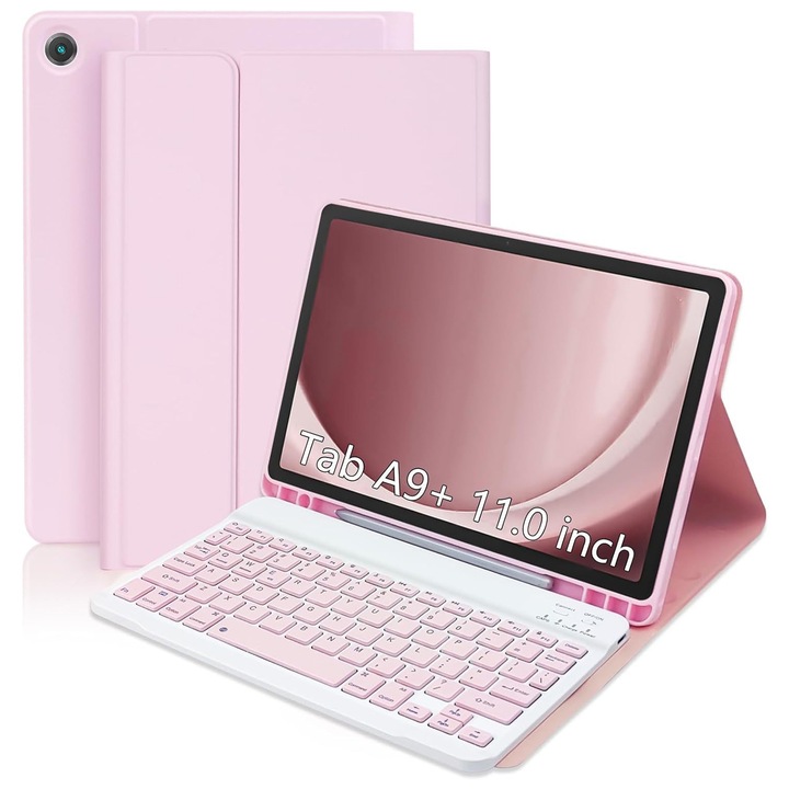 Husa cu tastatura, AFKSMILE, Pentru Samsung Galaxy Tab A11 Plus/A9 Plus 2025 11 inch, Reincarcabila tastatura bluetooth, Carcasa pentru tableta, Ajustabile, Design magnetic, Caneluri antiderapante, Slot pentru stilou, Pozitionare precisa, TPU, Roz