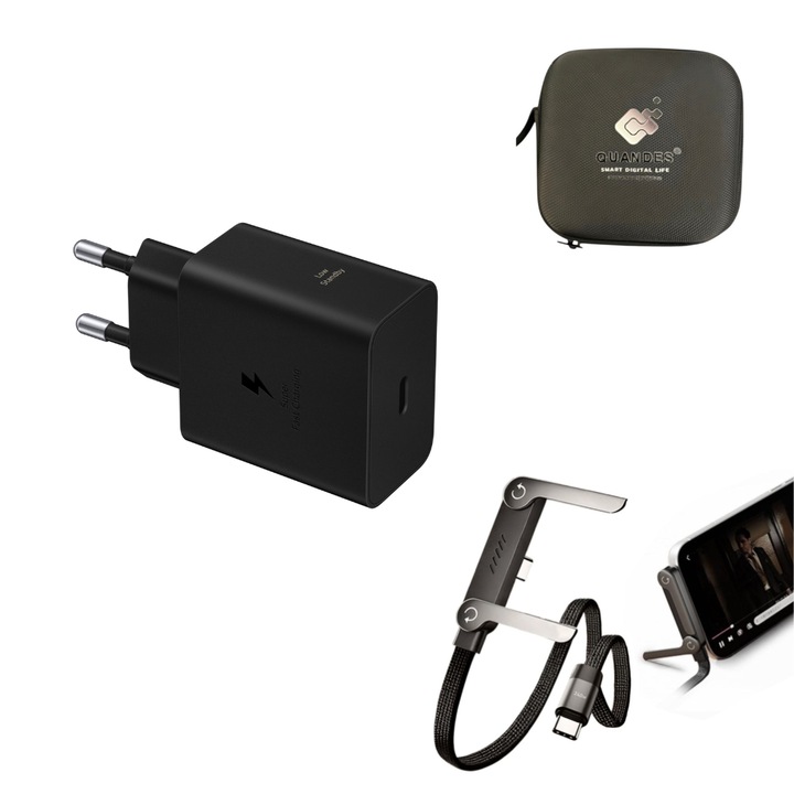 Kit încărcător 60W PD, cablu USB-C la USB-C, fast charging, 1.5m, suport telefon pliabil, QUANDES cu geantă de protecție