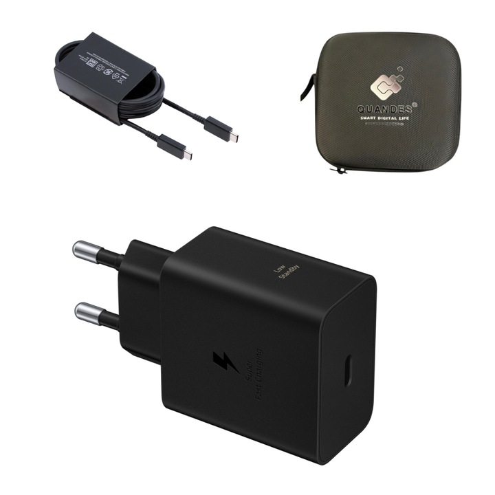 Set Incarcator retea 60W, QUANDES, USB Type-C, Cablu C-C 5A, 1.8M, geanta depozitare