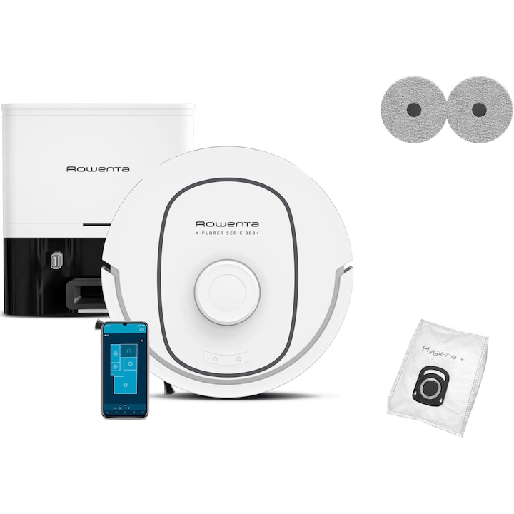 Robot de aspirare Rowenta X-Plorer Serie 380+ Animal & Allergy RR89U7E0, putere 8.000 Pa, autonomie 120 min, recipient praf 0.22L, functie mop, tehnologie anti-incurcare, management harti, statie all in one, laser LiDAR 360°, Wi-Fi, alb