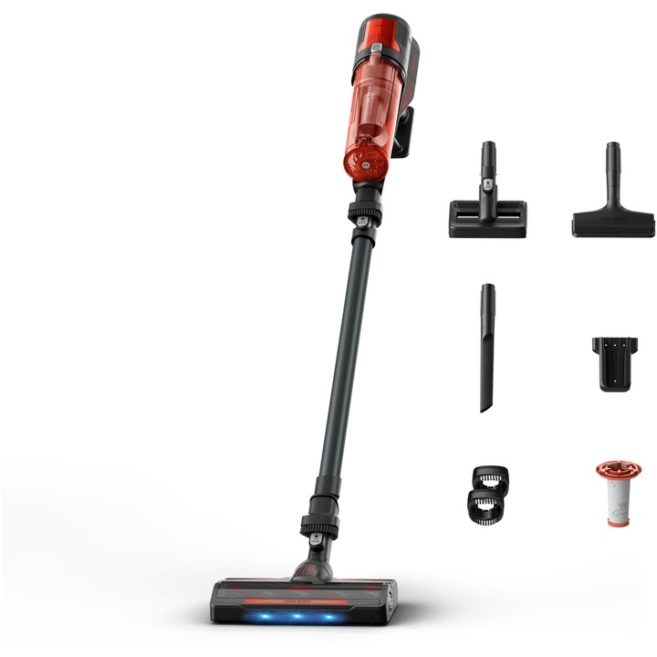 Aspirator vertical fara fir Rowenta X-Force 8.80 Animal RH1831E0, 250 W, 100 air watts, autonomie 45 min, filtrare 99.9%, perie cu LED, panou Digital Control, filtru lavabil, greutate redusa 1.3 Kg, rosu & negru