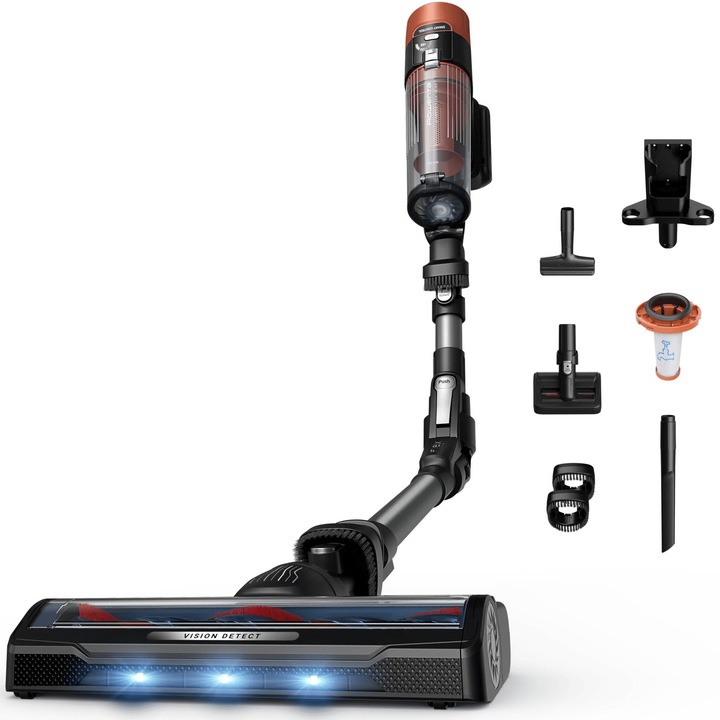 Aspirator vertical fara fir Rowenta X-Force Flex 10.80 Animal RH7A75E0, 300 W, 120 air watts, autonomie 60 min, filtrare 99.9%, recipient 0.44L, tub flexibil, perie cu LED, panou Smart Control, greutate redusa 1.1 Kg, portocaliu & negru