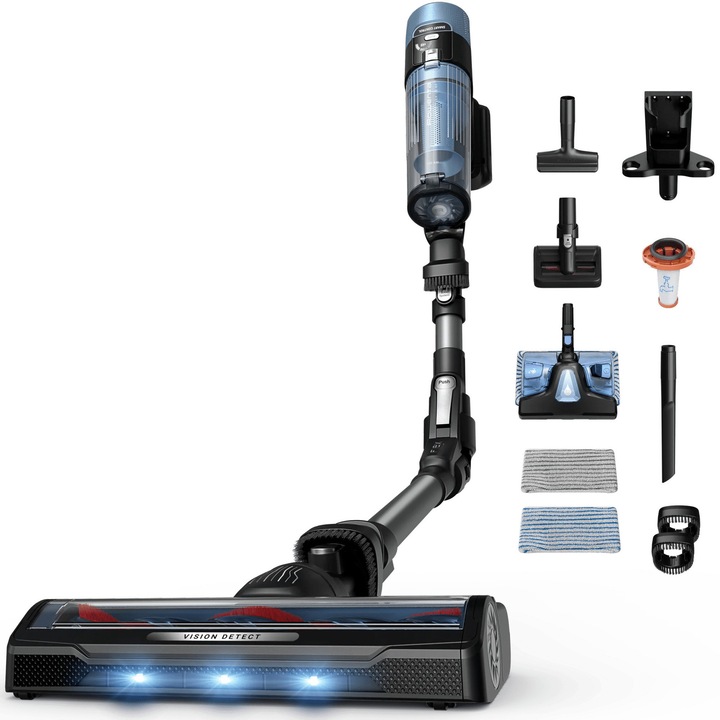 Aspirator vertical fara fir Rowenta X-Force Flex 10.80 Aqua RH7AD5E0, 300 W, 120 air watts, autonomie 60 min, filtrare 99.9%, recipient 0.44L, tub flexibil, perie cu LED, panou Smart Control, greutate redusa 1.1 Kg, albastru & negru