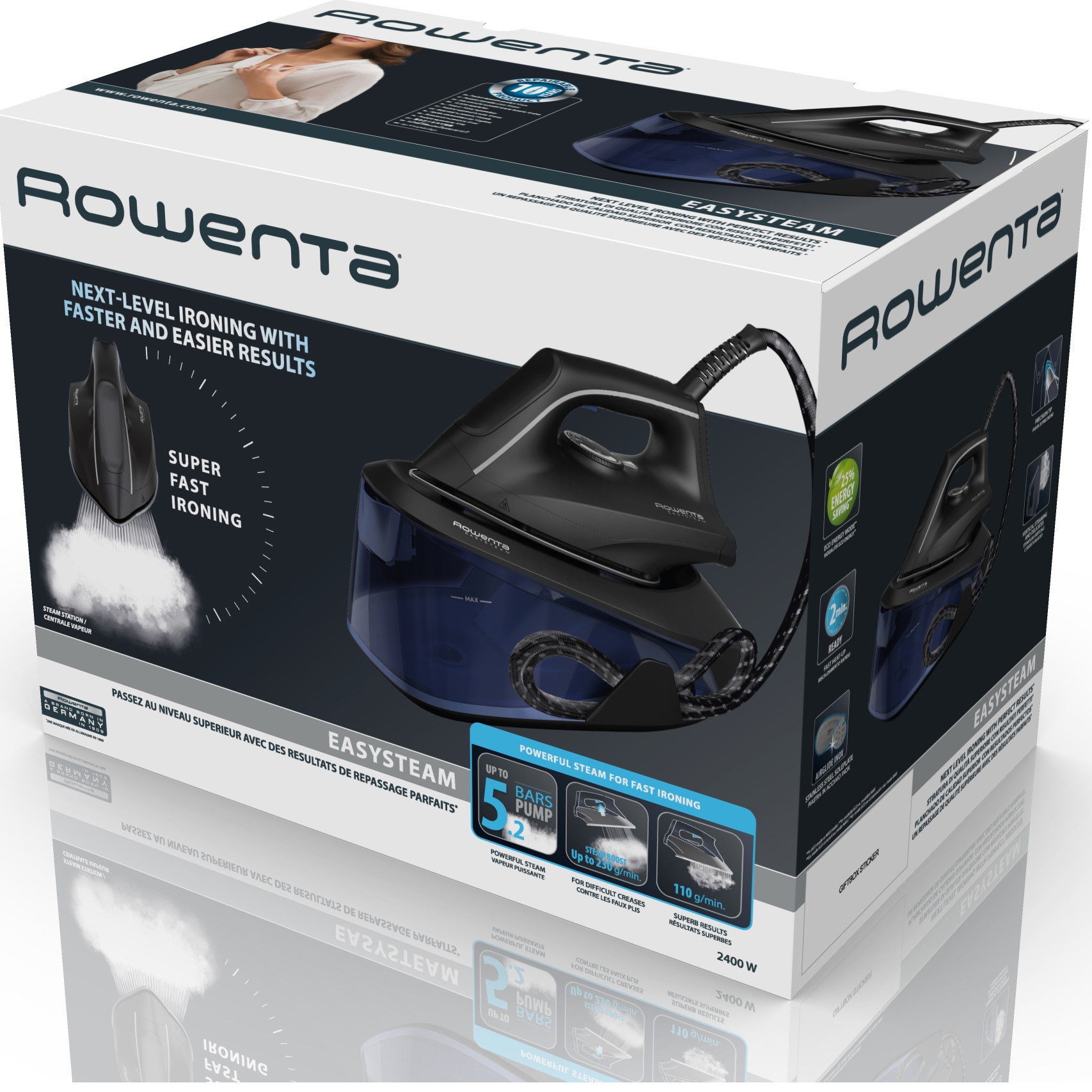 Centru de calcat Rowenta VR5121F0, statie de calcat, 2400W, presiune 5.2 bar, rezervor 1400 ml, negru/albastru, 1 buc