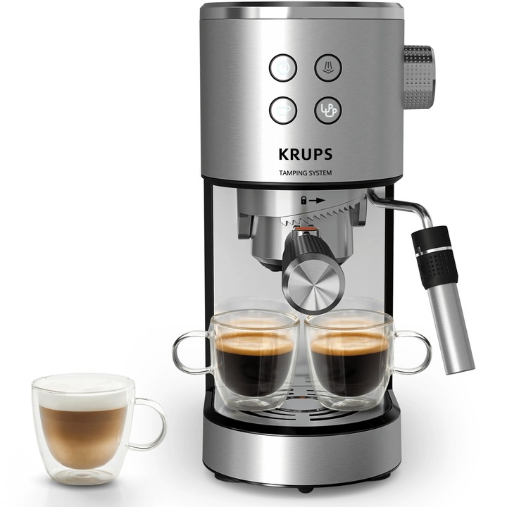 Espressor manual Krups Virtuoso+ XP499EE0, 1350 W, 15 bar, 1 L, sistem Thermoblock, duza pentru abur, tava de picurare detasabila, argintiu & negru
