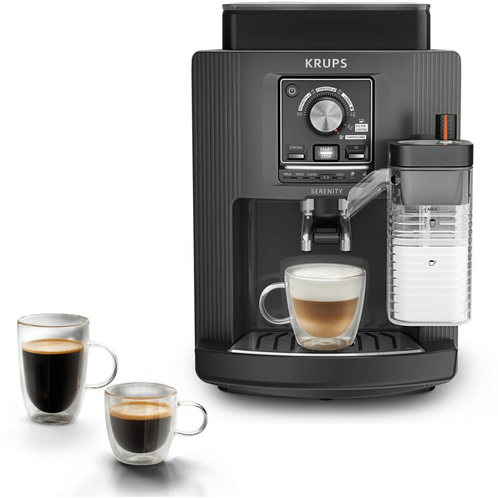 Espressor automat Krups Serenity Milk EA402HE0, 1450 W, presiune 15 bari, capacitate rezervor apa 1.7 L, 5 retete, 5 trepte de macinare, 3 trepte de temperatura, sistem Thermoblock Compact, tehnologie Milk Maestro, duza spumare lapte ajustabila, negru