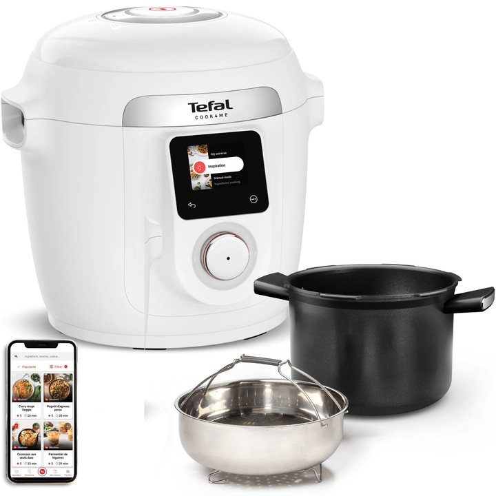 Multicooker inteligent cu gatire sub presiune Tefal Cook4Me Wi-Fi 10 in 1 CY9621F2, vas ceramic antiaderent 6 L, 10 programe de gatire, Wi-Fi, ecran LCD, aplicatie dedicata, pana la 6 persoane, alb