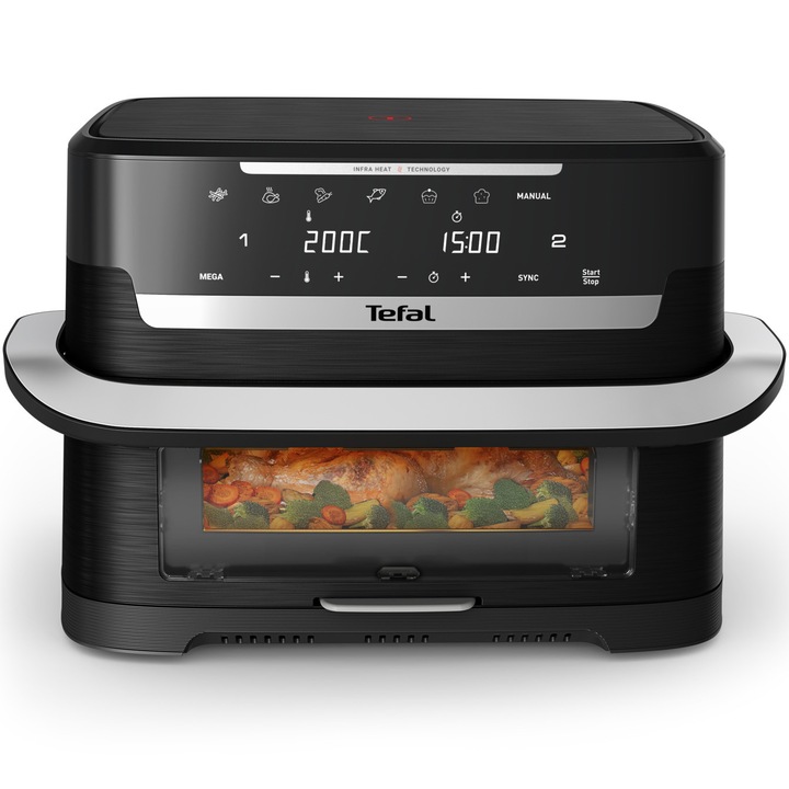 Friteuza dubla cu aer cald Tefal Dual Easy Fry Flex Infrared EY9288E0 air fryer, 2700 W, capacitate 9 L, tehnologie InfraHeat™, temperatura ajustabila 40-200°C, 7 programe, gatire pe 2 zone, display digital, oprire automata, negru & argintiu