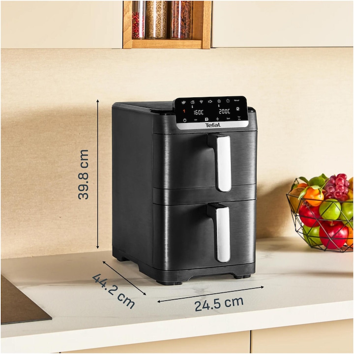 Friteuza dubla cu aer cald Tefal Easy Fry Crispy Stack EY7528E0 air fryer, 2700 W, capacitate 10 L, temperatura ajustabila, 7 programe, 2 compartimente, display digital, oprire automata, negru