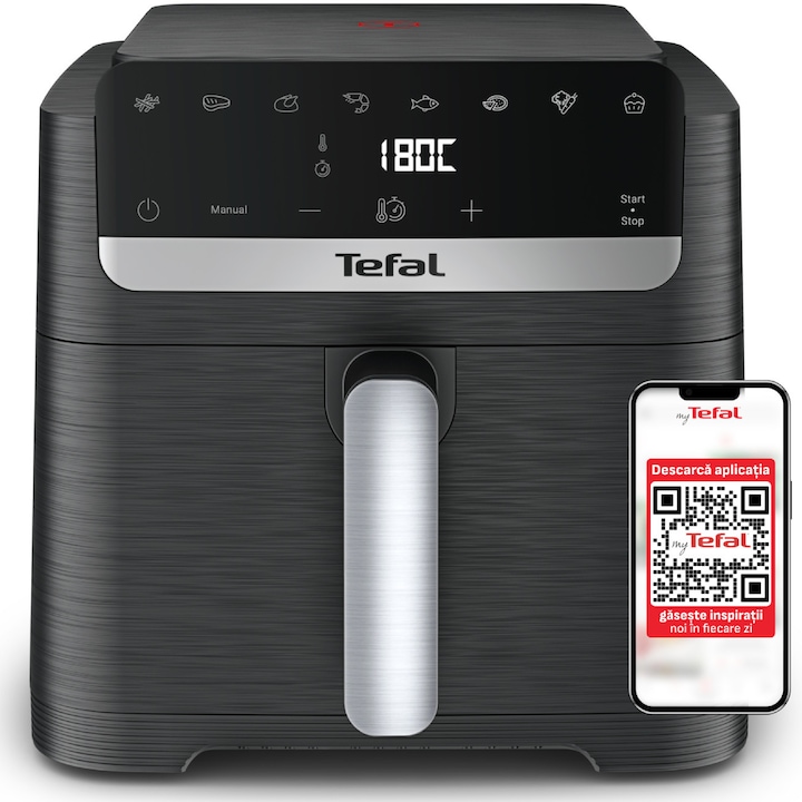Friteuza cu aer cald Tefal Easy Fry Mega Compact EY8618E0 air fryer, 2020 W, capacitate 7.5 L, temperatura ajustabila, 8 programe, display digital, oprire automata, negru