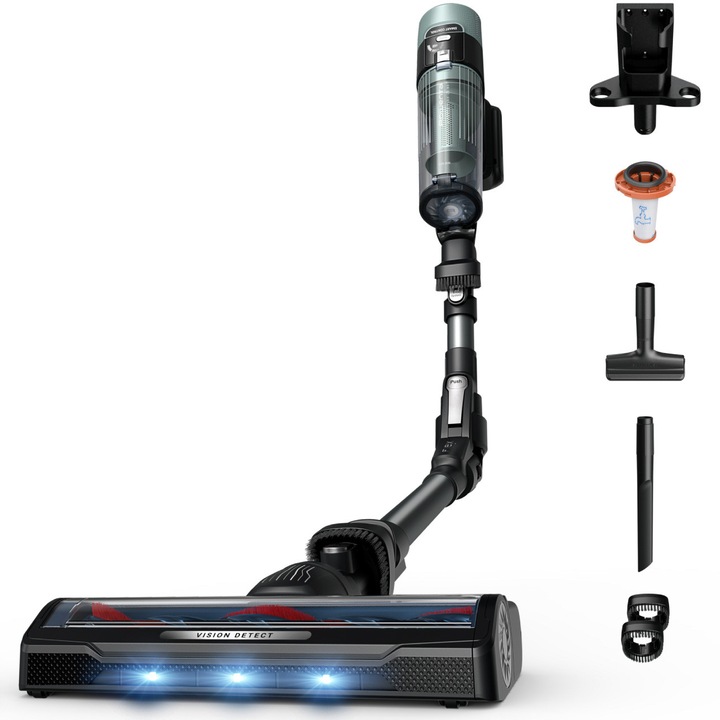 Aspirator vertical Rowenta X-Force Flex 10.80 RH7A35E0, 300 W, 18.5V, autonomie 60 minute, filtrare 99.9%, recipient 0.44 L, tub flexibil, perie cu LED, panou digital SmartControl, verde & negru