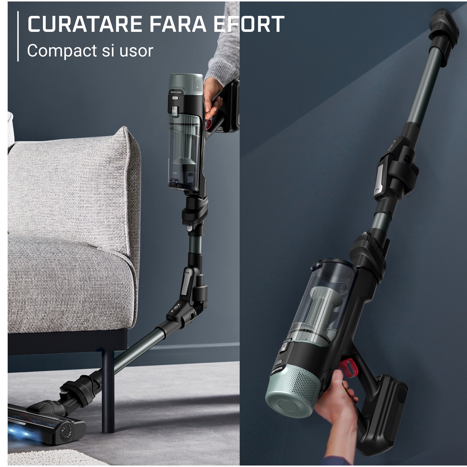 Aspirator vertical Rowenta X-Force Flex 10.80 RH7A35E0, 300 W, 18.5V, autonomie 60 minute, filtrare 99.9%, recipient 0.44 L, tub flexibil, perie cu LED, panou digital SmartControl, verde & negru