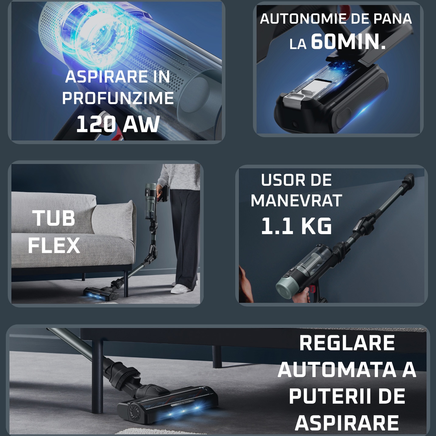 Aspirator vertical Rowenta X-Force Flex 10.80 RH7A35E0, 300 W, 18.5V, autonomie 60 minute, filtrare 99.9%, recipient 0.44 L, tub flexibil, perie cu LED, panou digital SmartControl, verde & negru