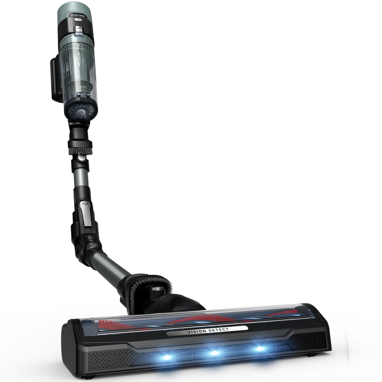 Aspirator vertical Rowenta X-Force Flex 10.80 RH7A35E0, 300 W, 18.5V, autonomie 60 minute, filtrare 99.9%, recipient 0.44 L, tub flexibil, perie cu LED, panou digital SmartControl, verde & negru