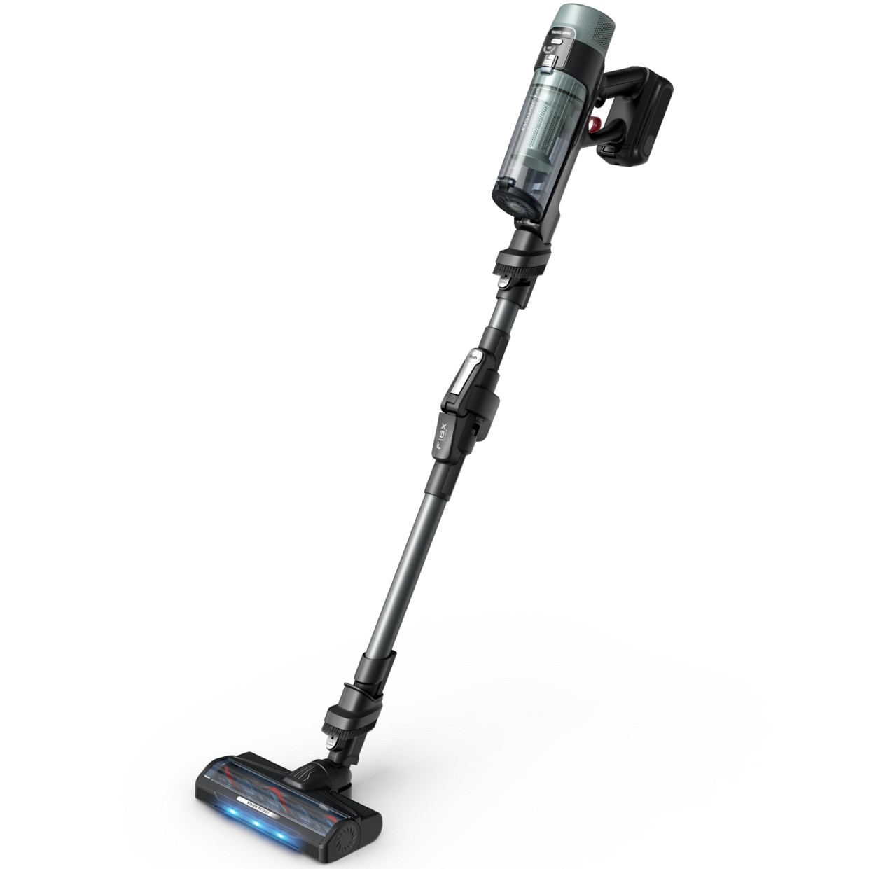 Aspirator vertical Rowenta X-Force Flex 10.80 RH7A35E0, 300 W, 18.5V, autonomie 60 minute, filtrare 99.9%, recipient 0.44 L, tub flexibil, perie cu LED, panou digital SmartControl, verde & negru