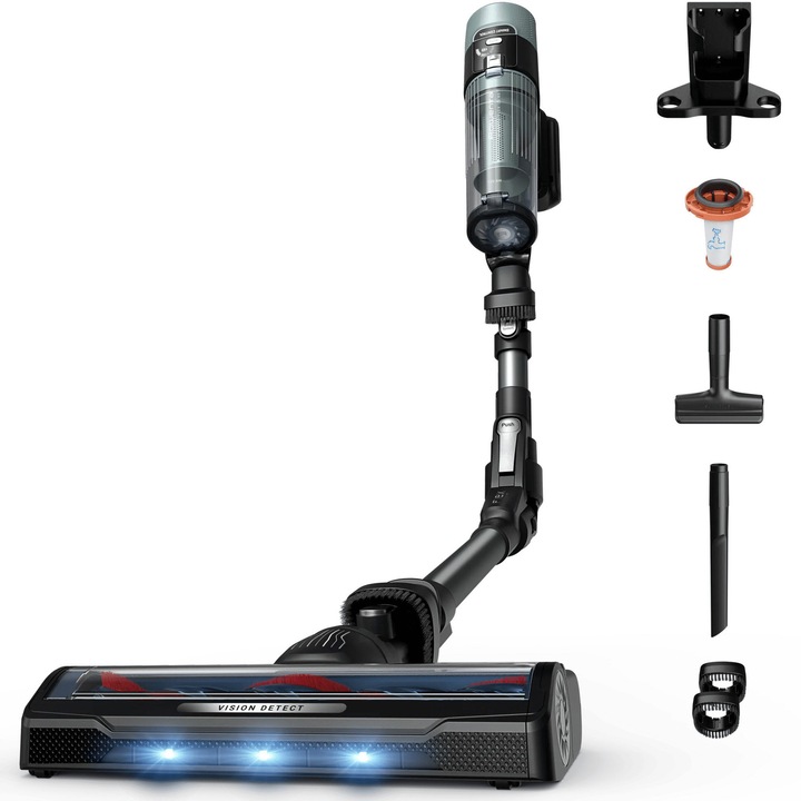 Aspirator vertical Rowenta X-Force Flex 10.80 RH7A35E0, 300 W, 18.5V, autonomie 60 minute, filtrare 99.9%, recipient 0.44 L, tub flexibil, perie cu LED, panou digital SmartControl, verde & negru