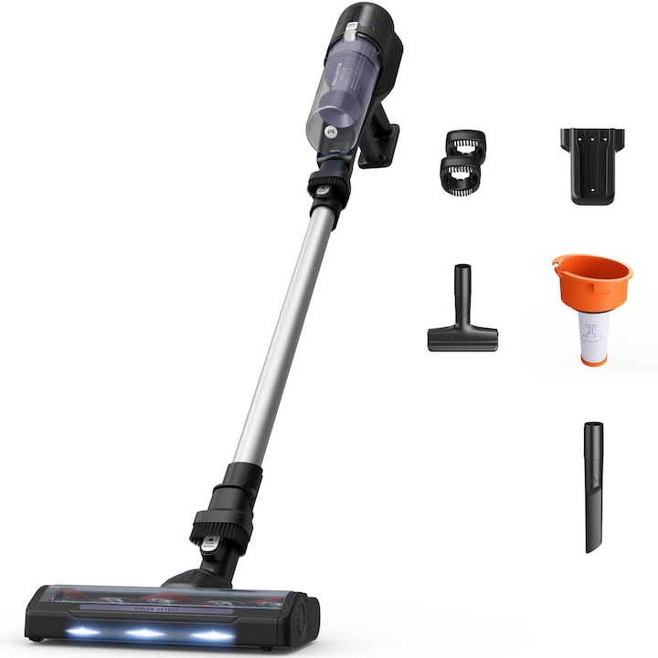 Вертикална прахосмукачка Rowenta X-Pert 5.80 RH5A31E0, 150 W, 18.5V, Автономност 40 минути, Филтрация 99.9%, Контейнер 0.44 л, Четка с LED, Цифров панел, Ниско тегло, Виолетов/Сребрист