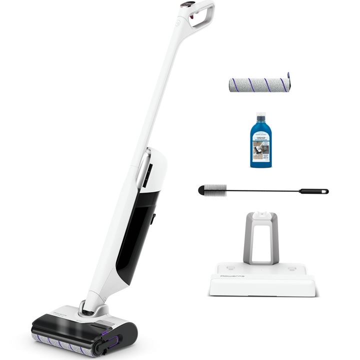 Aspirator vertical fara fir cu spalare Rowenta X-Clean 12 GZ7267E0, 550 RPM, pana la 60 min autonomie, aspirare umeda si uscata, tehnologie anti-incalcire, functie autocuratare si autouscare, rezervor pentru detergent, afisaj LED, detergent inclus, alb