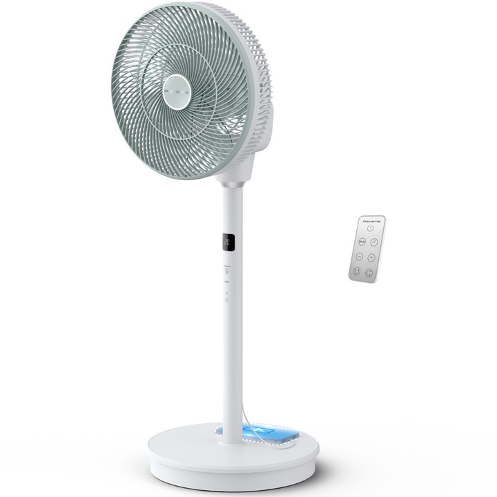 Ventilator cu picior Rowenta Turbo Silence Compact 3D Nomad QV5050F0, 20 W, 20 trepte de viteza, 3 moduri automate, motor Effitech, telecomanda, timer, cronometru, inaltime ajustabila, alb