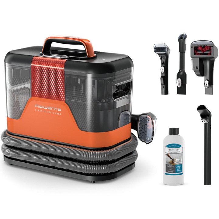 Прахосмукачка за мокро почистване Rowenta Clean IT Hot & Cold IN7011F0, 1150 W, Мощност на засмукване 13 kPa, Резервоар за вода и препарат 2.3 л, Резервоар за мръсна вода 1.5 л, Технология PowerHeat, Четка 8 см, Включен препарат, Оранжев/Сив
