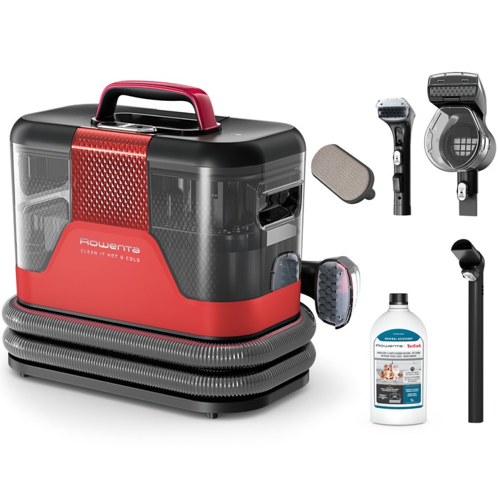 Прахосмукачка за мокро почистване Rowenta Clean IT Hot & Cold IN7020F0, 1150 W, Мощност на засмукване 13 kpa, Резервоар за вода и препарат 2.3 л, Резервоар за мръсна вода 1.5 л, Технология PowerHeat, Четка 8 см, Включен препарат, Червен/Сив