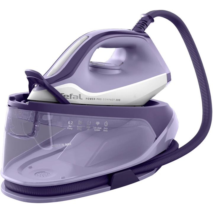 Statie de calcat cu abur Tefal Power Pro Compact SV6211E0, 2400 W, 6.2 bari, jet de abur 370 g/min, abur variabil 0 - 120 g/min, abur vertical, talpa Ceramic Xpress Glide, oprire automata, alb & violet