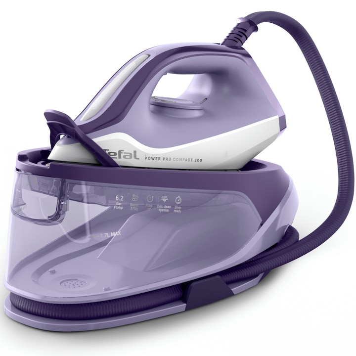 Statie de calcat cu abur Tefal Power Pro Compact SV6211E0, 2400 W, 6.2 bari, jet de abur 370 g/min, abur variabil 0 - 120 g/min, abur vertical, talpa Ceramic Xpress Glide, oprire automata, alb & violet
